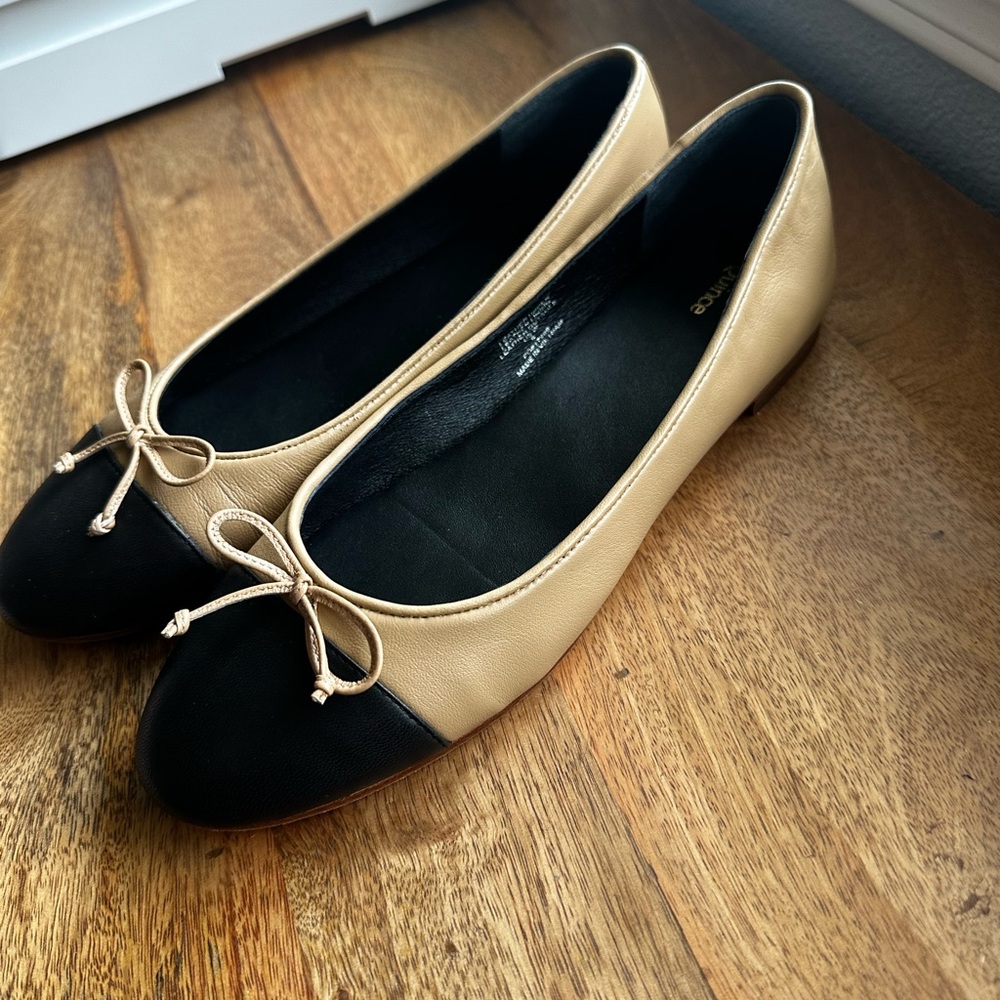 Quince Italian Leather Cap Toe Tan and Black Ballet Flats